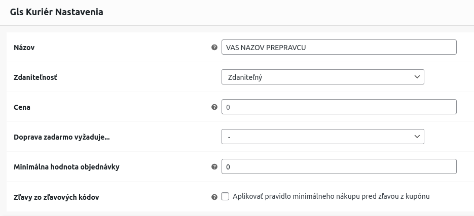 Premenovanie kuriéra a nastavenie ceny