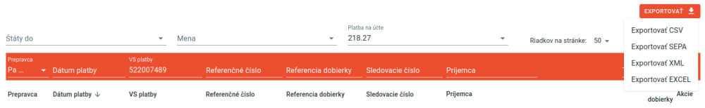 Voľba exportu CSV súboru v Neoshipe